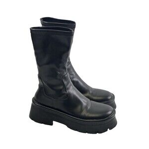 Mango MNG Platform Boots Pull On Black Faux Leather Stretch Round Womens 40 9